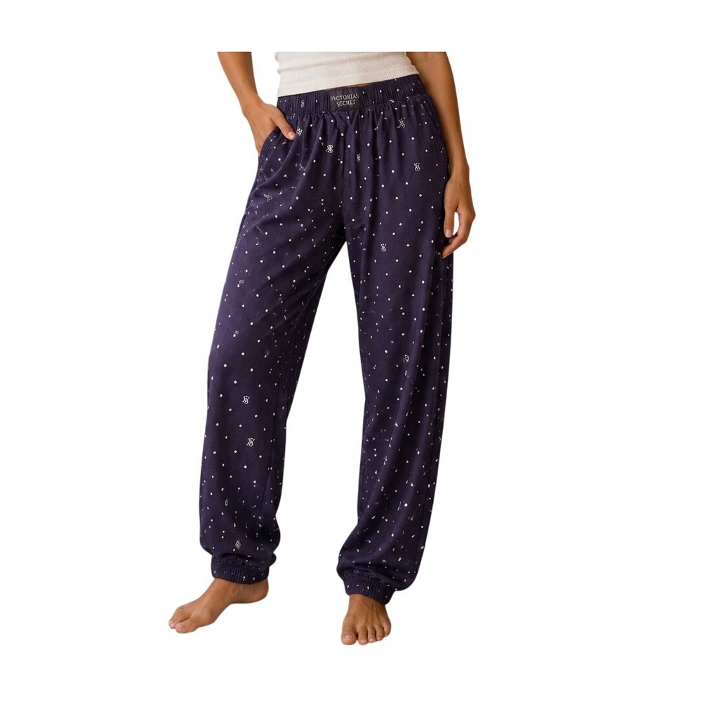 Victorias Secret Pajama Jogger Pants Navy Blue Polka Dot Monogram XS Regular